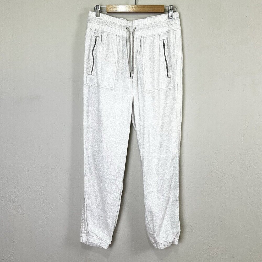 Athleta Cabo Linen Jogger Pants Beige Leopard Print Drawstring‎ Beach Size 8
